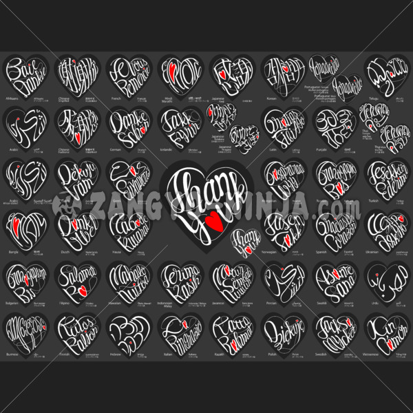 KOKORO Gratitude – Thank You & heart in polyglot as ♡shapes - Zangyo-Ninja KOKORO Gratitude – Thank You & heart in polyglot as ♡shapes - Zangyo-Ninja