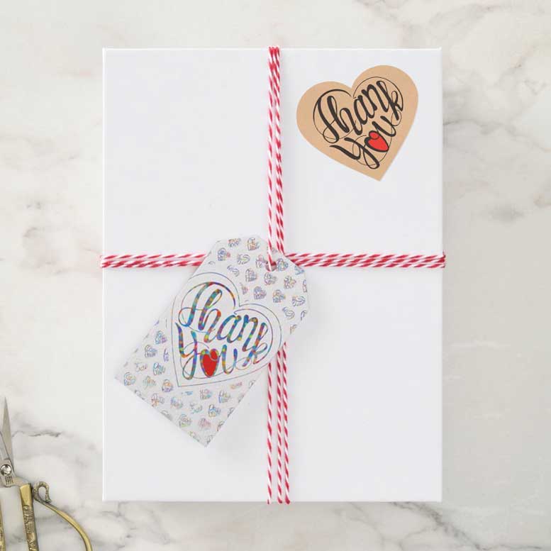 Kokoro gratitude Thank you sticker and Thank you gift tag which has a heart each language