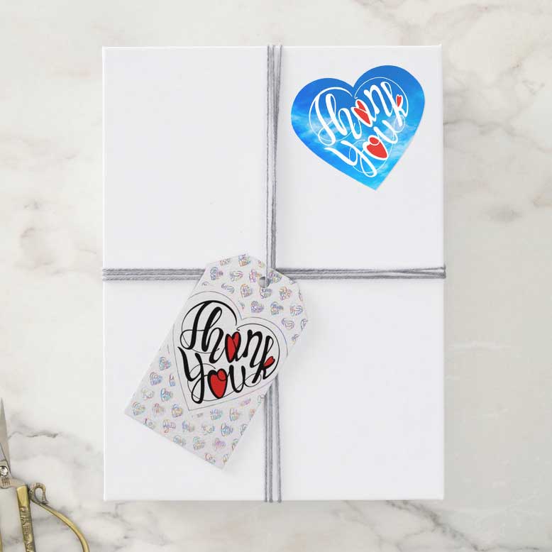 Kokoro gratitude Thank you sticker and Thank you gift tag which has some hearts each language