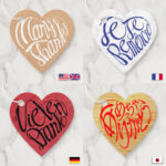 Many thanks in French German and Japanese Hiragana as heart tags