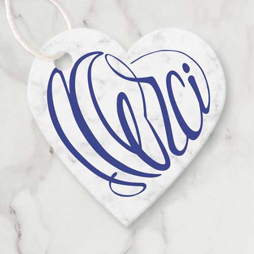 heart-shaped-thanks-franch-favor-tag en forme de cœur Merci comme calligraphie étiquette en pierre marbrière