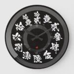 Japanese brushed difficult old kanji numeral with double rounds as black face wall clock