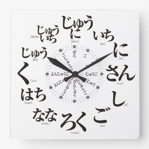 japan_hiragana_style_white_face_square_wall_clock Japan Hiragana style as white face Square Wall Clock