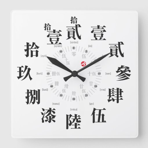 japan_old-difficult_kanji_style_white_face_square_wall_clock wall clock in old difficult Japanese kanji as white face