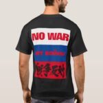 NO WAR нет войны 戦争反対 on Russian flag T Shirt design back