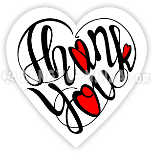 Thank you and three loves as heart shaped calligraphy.