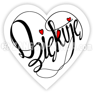 Dziękuję i trzy miłości w formie kaligrafii w kształcie serca