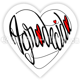 Obrigada e três amores em forma de caligrafia de coração